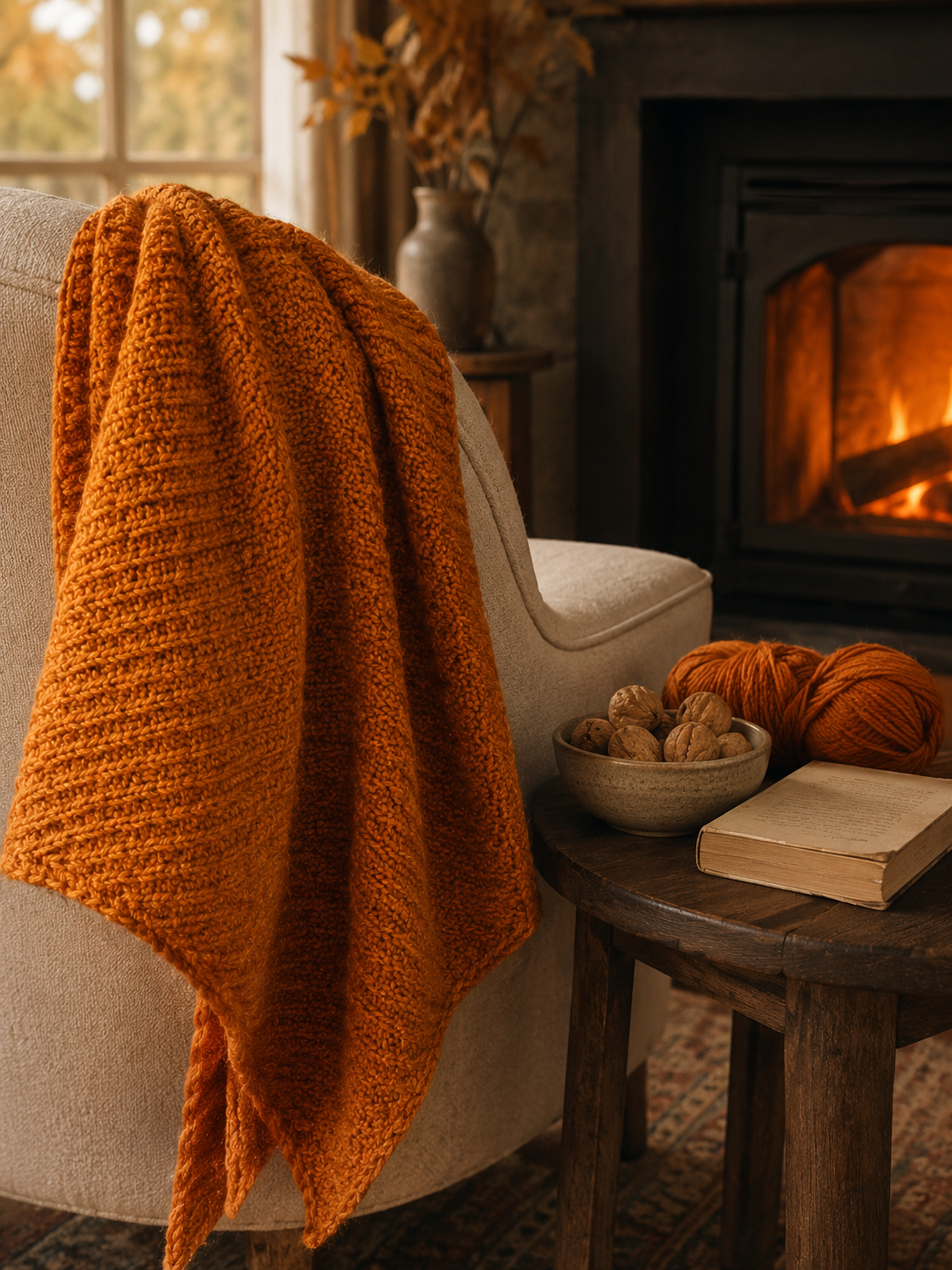 Ember Ridge shawl draped over a chair by the fireplace