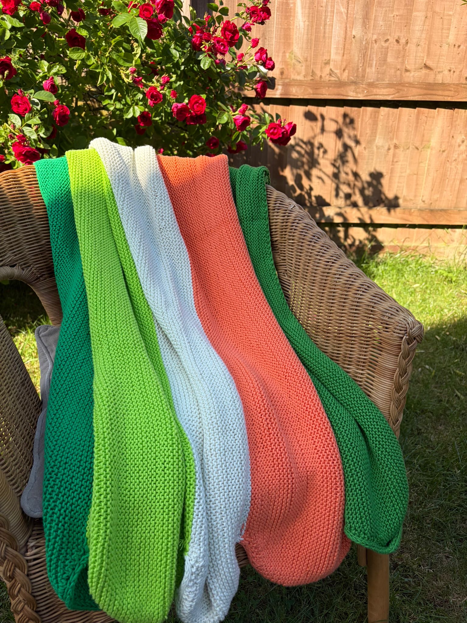 Close-up of the Macaron Blanket's garter stripe detail, showing the rich Cotton Chirp colorways