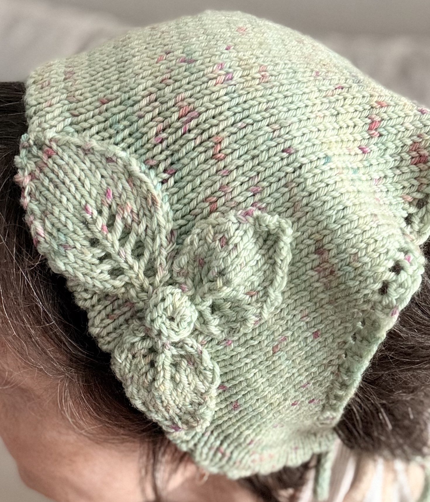 Close-up of the Sweetbriar Bandana worn as a headscarf